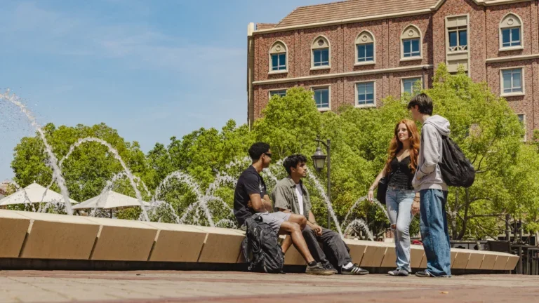 Students chatting next to a fountain on a sunny day. Pane Image 1