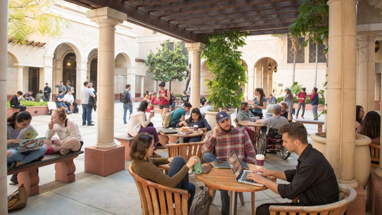 Students meeting at an outdoor courtyard at UPC.